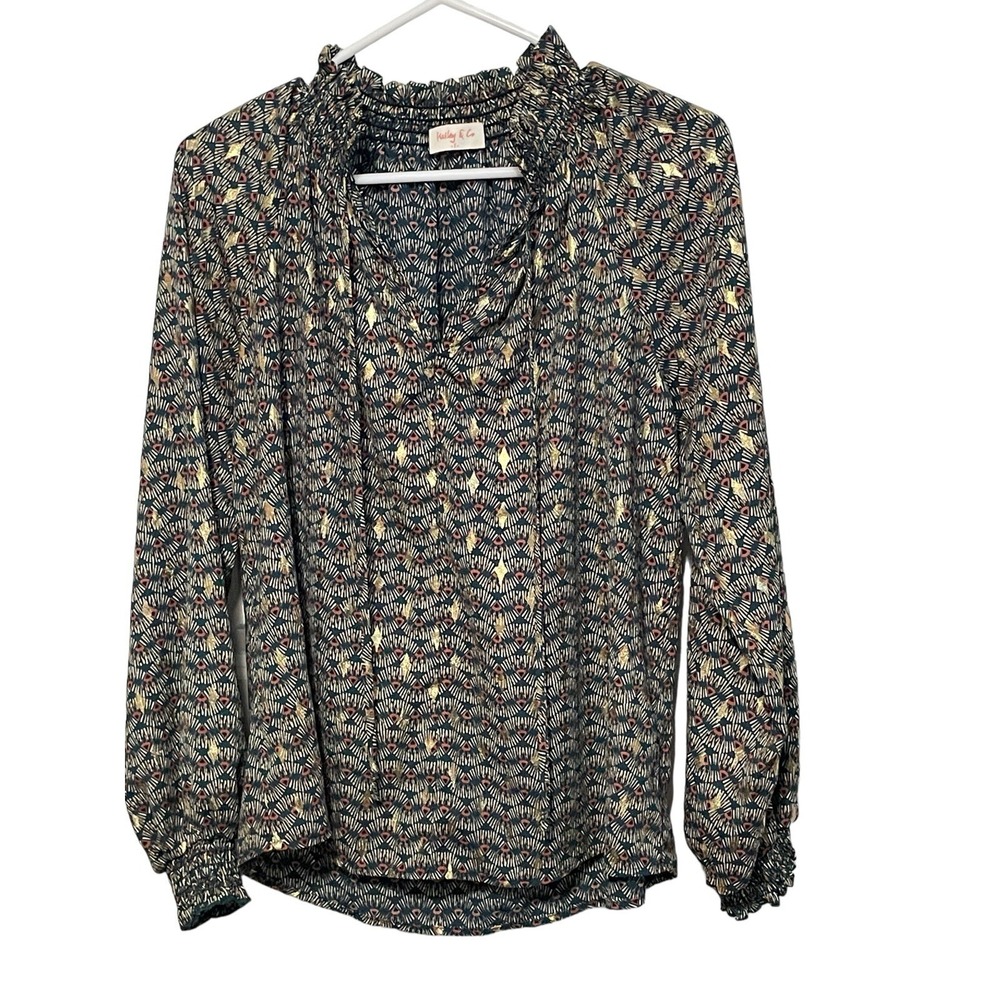 Hailey & Co. Women's Small Geometric Print Long Sleeve Blouse Tie Neck Fast Ship